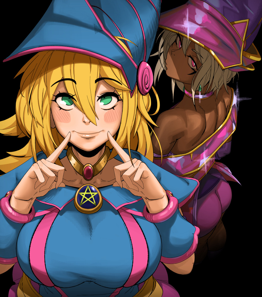 2girls, absurdres, apprentice_illusion_magician, ass, bare_shoulders, blonde_hair, blush_stickers, bracer, breasts, choker, commentary, dark_magician_girl, dark_skin, duel_monster, eyebrows_visible_through_hair, fingersmile, from_behind, green_eyes, grey_hair, hair_between_eyes, hat, highres, jewelry, kevbot, lips, long_hair, looking_at_viewer, looking_back, multiple_girls, off_shoulder, pink_eyes, short_hair, smile, upper_body, wizard_hat, yu-gi-oh!
