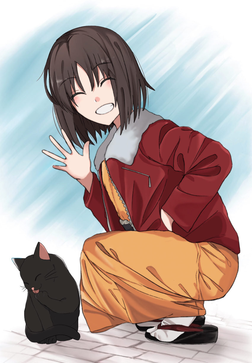 1girl, ^_^, absurdres, black_cat, brick_road, brown_hair, cat, closed_eyes