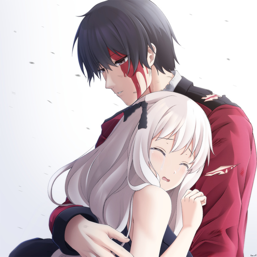 1boy, 1girl, bangs, black_hair, blood, blood_on_face, brown_eyes, closed_eyes