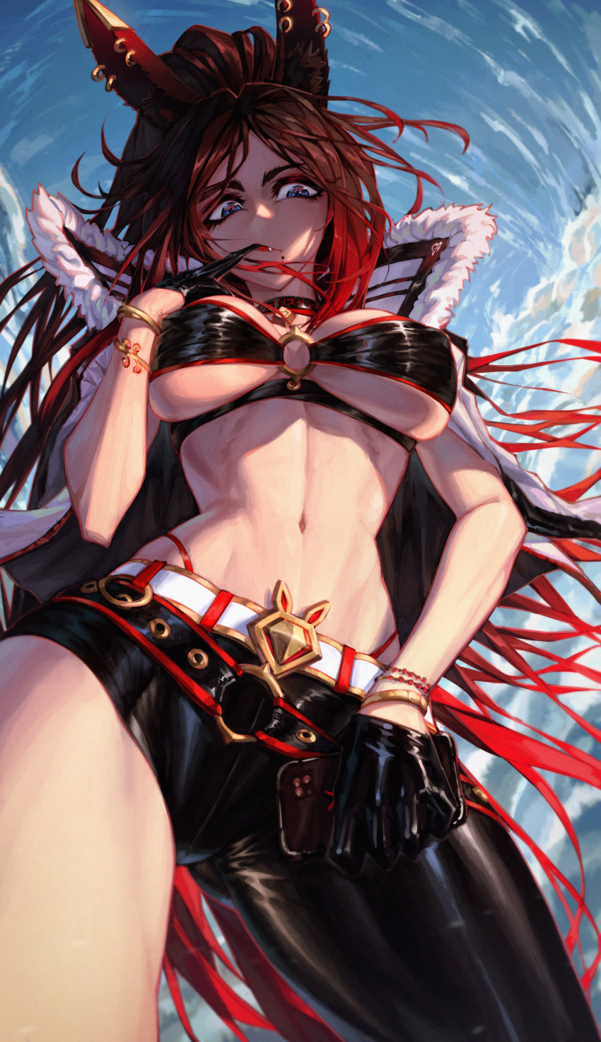 1girl, absurdres, black_hair, blue_eyes, borrowed_character, breasts, english_commentary, fang, from_below, highres, jin_grey_paladin, large_breasts, long_hair, looking_down, midriff, multicolored_hair, navel, original, redhead, solo, tied_hair, under_boob