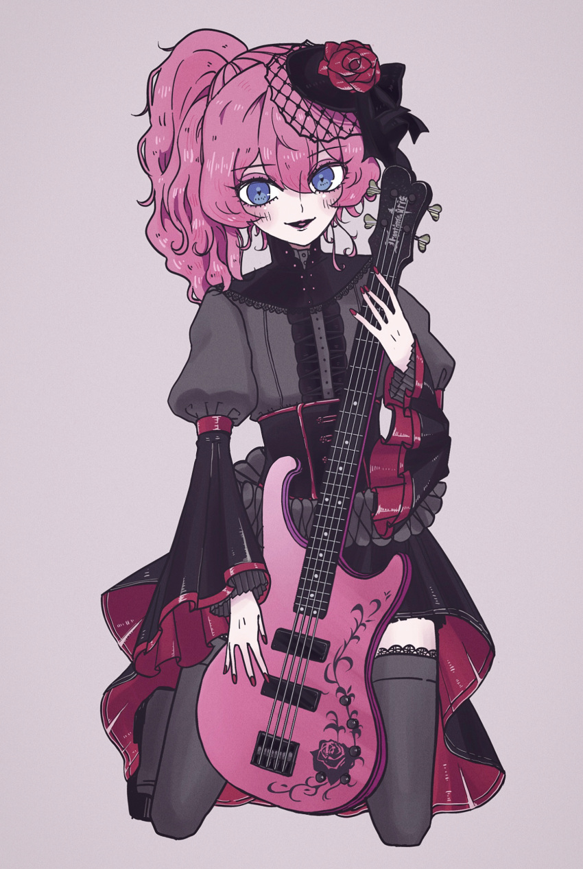 1boy, absurdres, argonavis_from_bang_dream!, bangs, bass_guitar, black_dress, black_legwear, blue_eyes, boots, crossdressinging, d7_tochi, dress, full_body, gothic, grey_background, hair_between_eyes, high_heel_boots, high_heels, highres, instrument, lipstick, long_sleeves, makeup, male_focus, mitsurugi_koharu, one_side_up, otoko_no_ko, pink_hair, puffy_long_sleeves, puffy_sleeves, side_ponytail, simple_background, smile, solo, thigh-highs