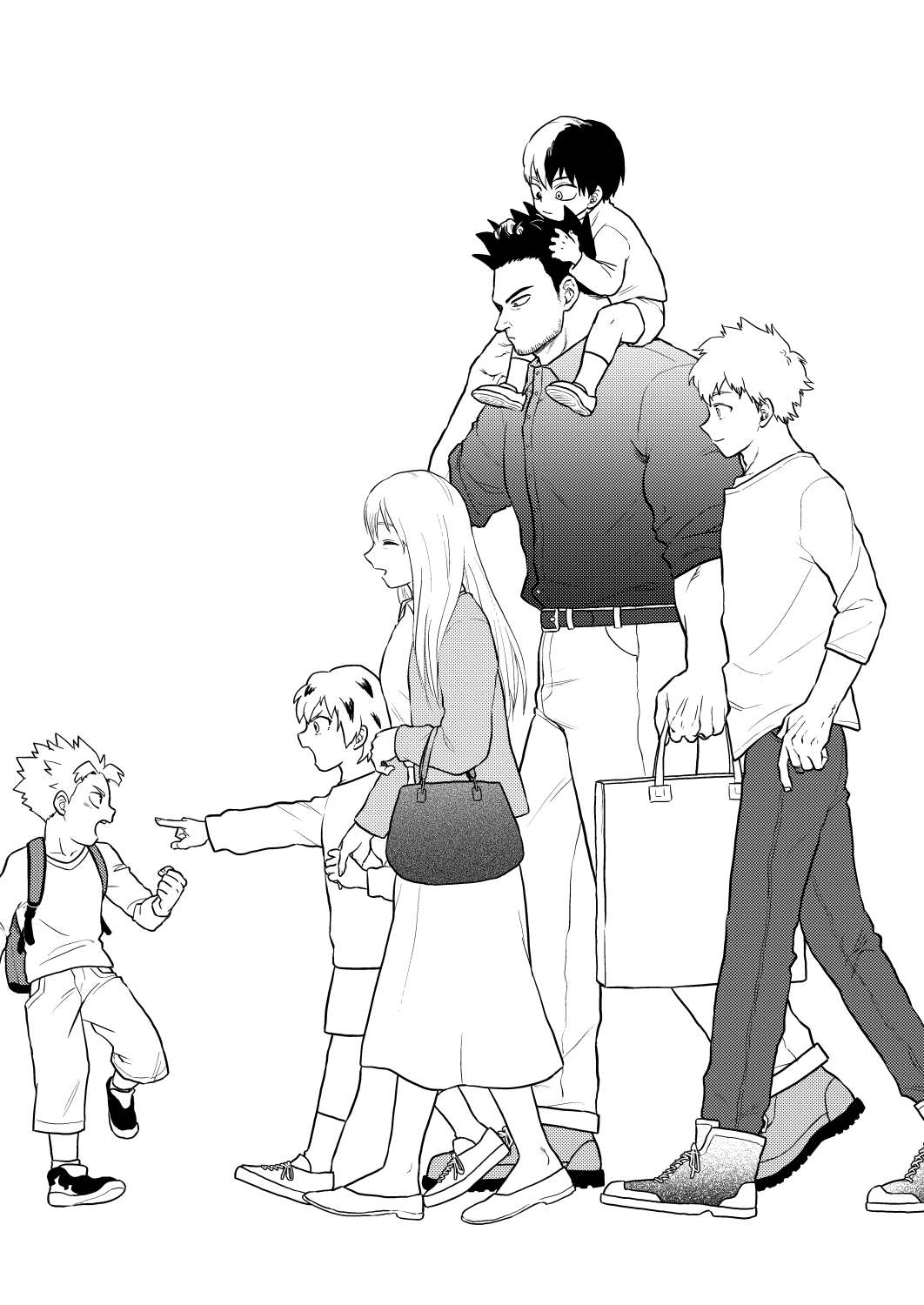 2girls, 4boys, backpack, bag, belt, belt_buckle, boku_no_hero_academia, brother_and_sister, brothers, buckle, child, closed_eyes, closed_mouth, facial_hair, family, father_and_daughter, father_and_son, full_body, greyscale, highres, jacket, long_hair, long_sleeves, monochrome, mother_and_daughter, mother_and_son, multiple_boys, multiple_girls, open_mouth, pain-lucky777, pants, shoes, siblings, simple_background, skirt, todoroki_enji, todoroki_fuyumi, todoroki_natsuo, todoroki_rei, todoroki_shouto, todoroki_touya, walking, what_if, white_background, younger