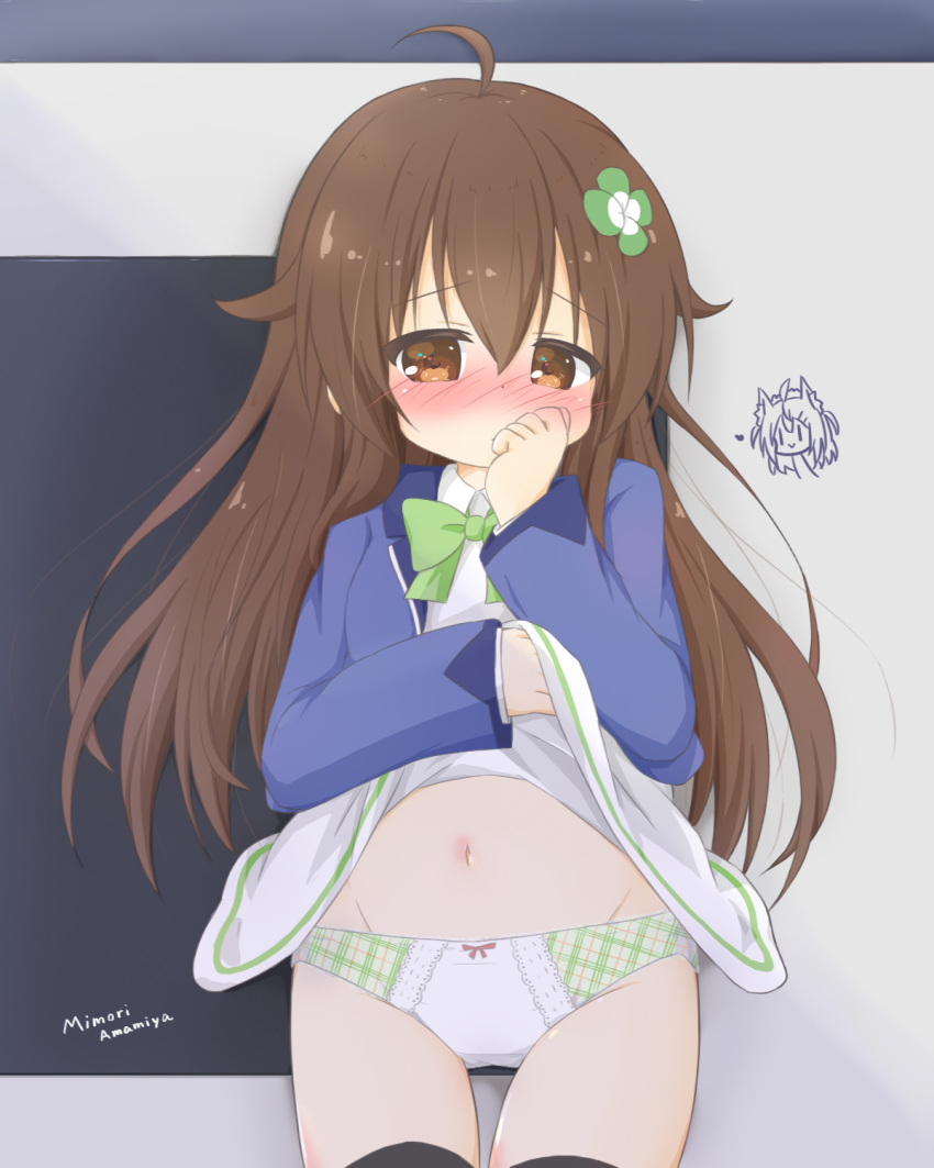 1girl, ahoge, amamiya_mimori, bangs, black_legwear, blue_jacket, blush, bow, bow_panties, brown_eyes, brown_hair, character_name, closed_mouth, collared_dress, commentary_request, dress, dress_lift, eyebrows_visible_through_hair, flower, green_footwear, green_panties, groin, hair_between_eyes, hair_flaps, hair_flower, hair_ornament, hand_up, highres, jacket, lifted_by_self, long_hair, long_sleeves, looking_at_viewer, navel, nose_blush, open_clothes, open_jacket, panties, plaid, plaid_panties, rinechun, rinechun's_blonde_dog_girl, shadowverse_(anime), sleeves_past_wrists, solo, standing, thigh-highs, underwear, very_long_hair, white_dress