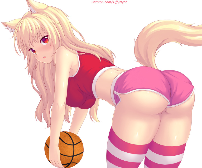 1girl, :o, animal_ear_fluff, animal_ears, ass, ball, bangs, basketball, blonde_hair, blush, breasts, cat_ears, cat_tail, eyebrows_visible_through_hair, highres, holding, holding_ball, large_breasts, long_hair, looking_at_viewer, nottytiffy, original, red_eyes, shiny, shiny_skin, short_shorts, shorts, slit_pupils, solo, tail, thigh-highs, thighs, tiffy_(nottytiffy), watermark, web_address