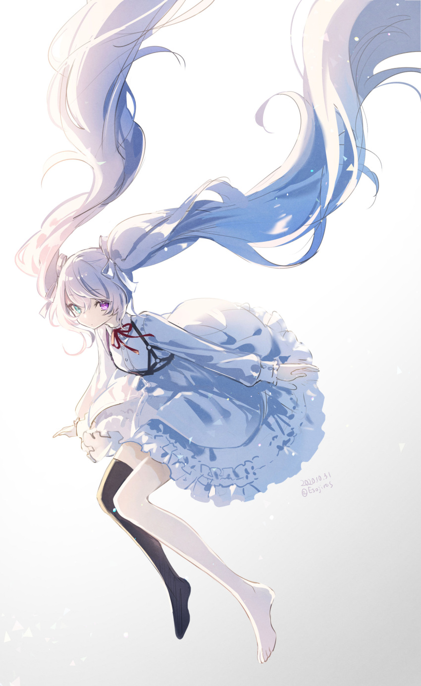 1girl, 25-ji_miku, absurdly_long_hair, absurdres, aqua_eyes, asymmetrical_hair, bangs, black_legwear