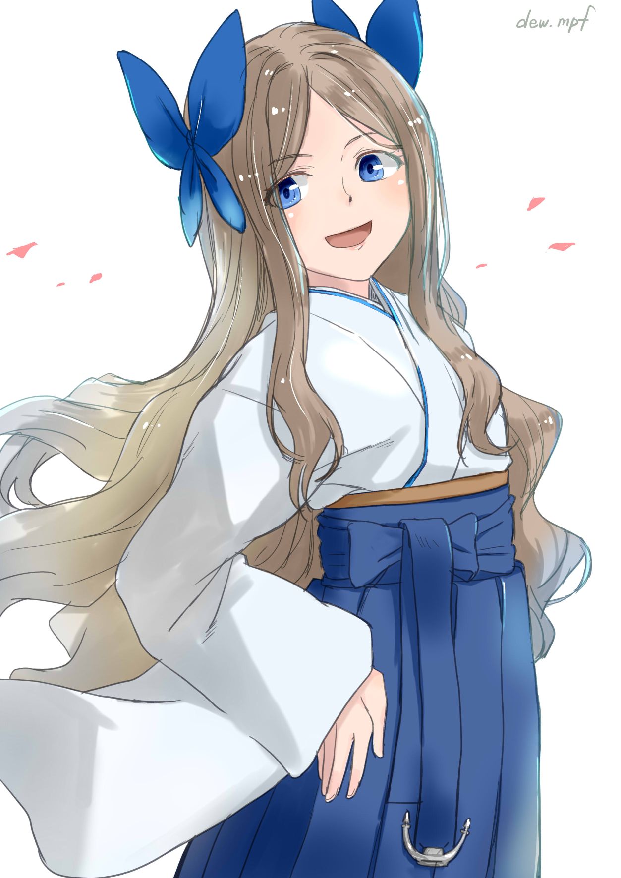 1girl, asakaze_(kantai_collection), bangs, blue_bow, blue_eyes, blue_hakama, bow, commentary_request