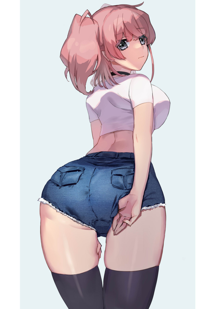 1girl, alternate_costume, aqua_background, arm_behind_back, ass, atlanta_(kantai_collection), black_legwear, brown_hair