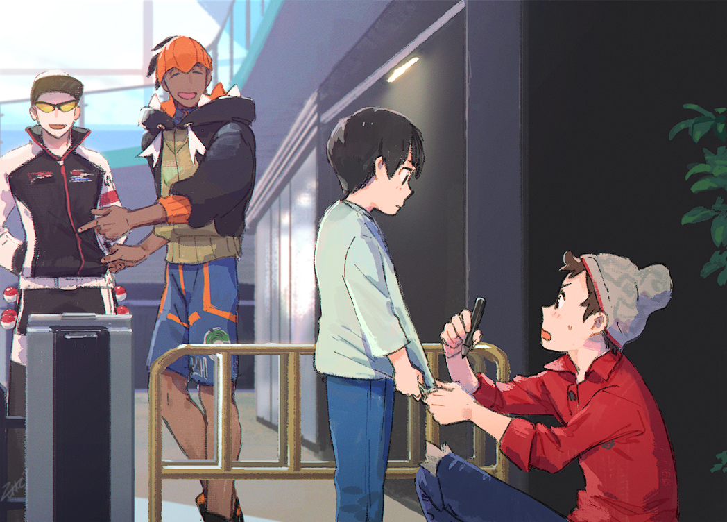 4boys, baseball_cap, beanie, black_hoodie, blush, brown_hair, cable_knit, closed_eyes, commentary_request, dark_skin, dark_skinned_male, denim, grey_headwear, gym_leader, hat, holding, holding_pen, hood, hoodie, jacket, jeans, league_staff_(pokemon), male_focus, multiple_boys, open_mouth, pants, pen, poke_ball, poke_ball_(basic), pokemon, pokemon_(game), pokemon_swsh, raihan_(pokemon), red_shirt, shirt, shorts, sleeves_rolled_up, smile, standing, sunglasses, sweat, tongue, torn_clothes, torn_jeans, torn_pants, victor_(pokemon), yellow-tinted_eyewear, zukki_(suzukio)