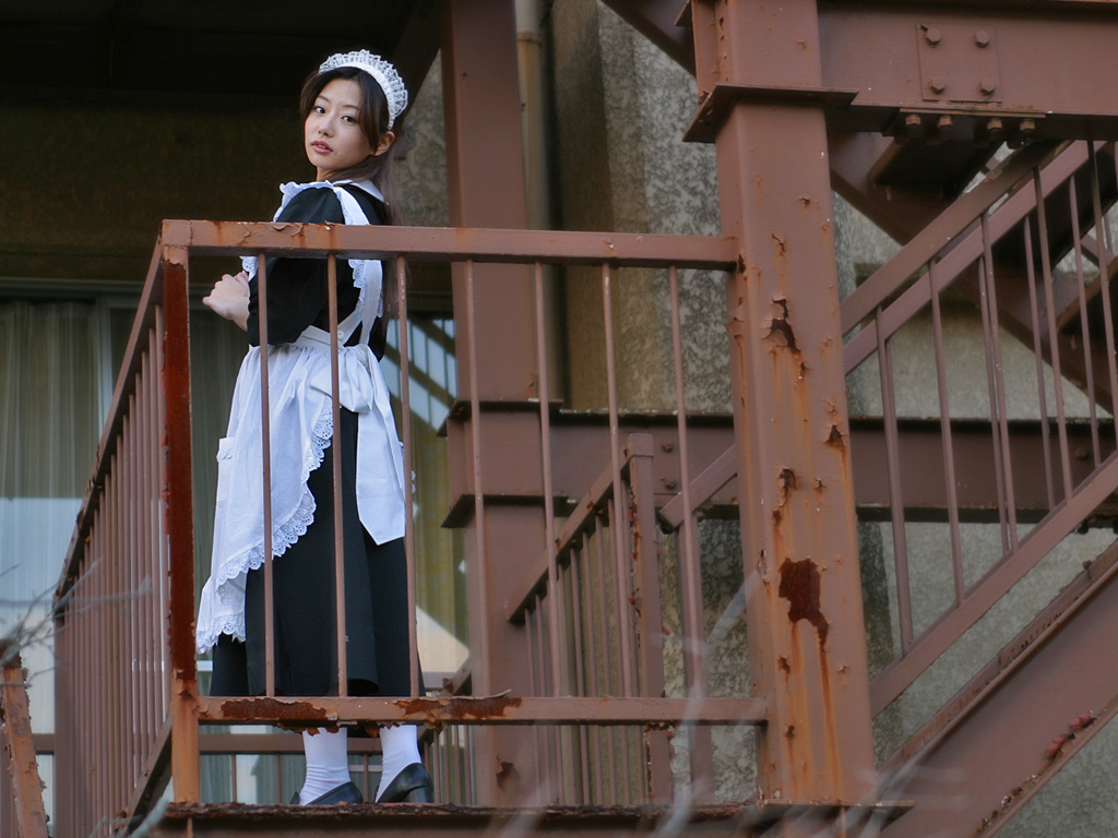 apron, cosplay, maid, maid_uniform, misaki_ema, rusty, staircase, tagme_character