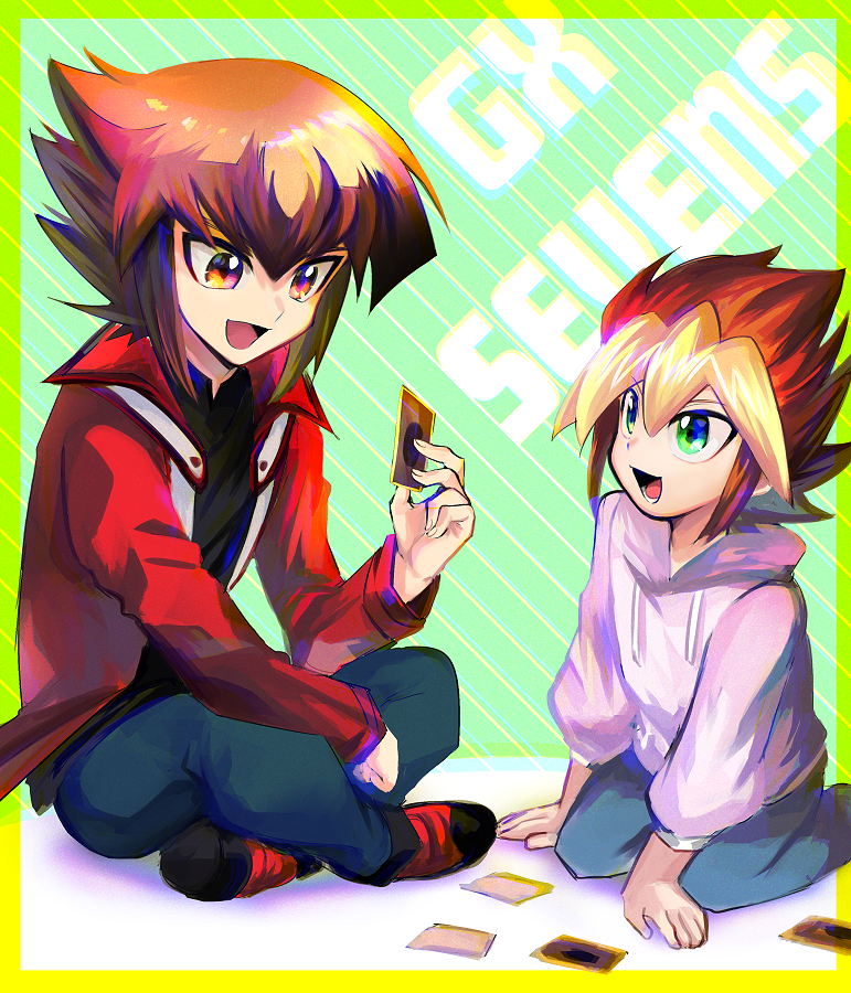 2boys, :d, bangs, black_shirt, blonde_hair, blue_pants, border, brown_eyes
