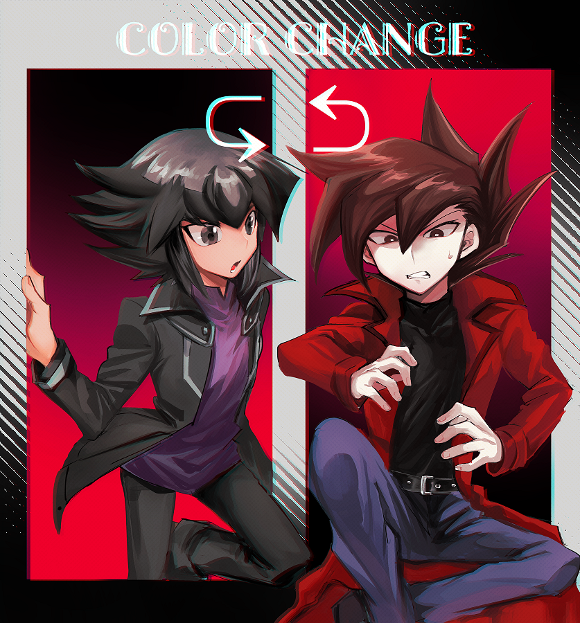2boys, alternate_hair_color, bangs, belt, belt_buckle, black_belt, black_jacket, black_pants