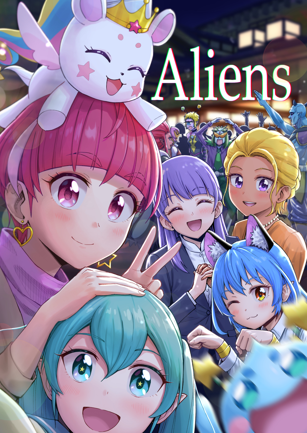 3boys, 6+girls, :d, ;3, amamiya_erena, animal_ear_fluff, animal_ears, animal_on_head