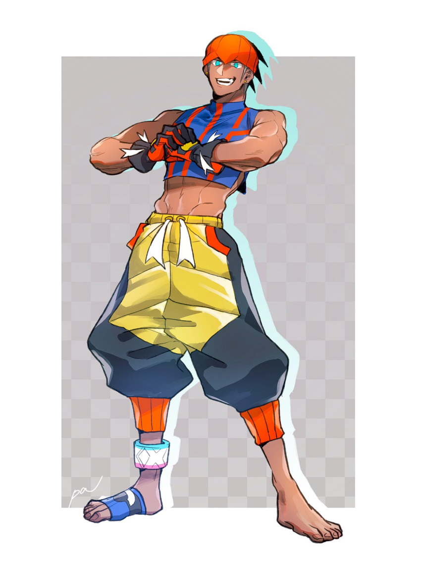1boy, alternate_costume, aqua_eyes, barefoot, black_hair, dark_skin, dark_skinned_male, dynamax_band
