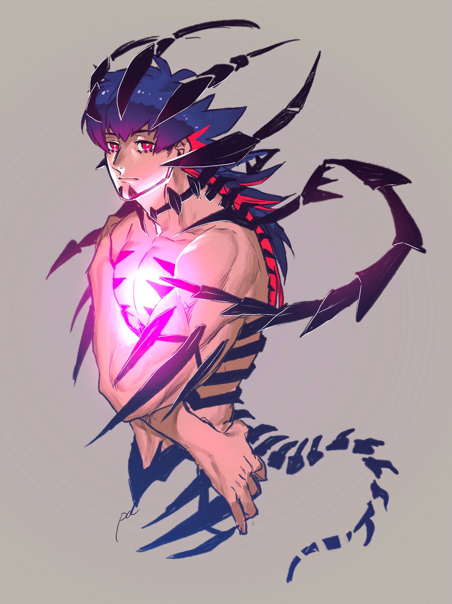 1boy, blue_hair, closed_mouth, cosplay, dark_skin, dark_skinned_male, eternatus, eternatus_(cosplay), expressionless, facial_hair, gen_8_pokemon, grey_background, highres, legendary_pokemon, leon_(pokemon), long_hair, looking_to_the_side, male_focus, multicolored_hair, muscle, paa_(drgnstom), pink_eyes, pokemon, pokemon_(game), pokemon_swsh, redhead, shirtless, signature, solo, two-tone_hair, upper_body