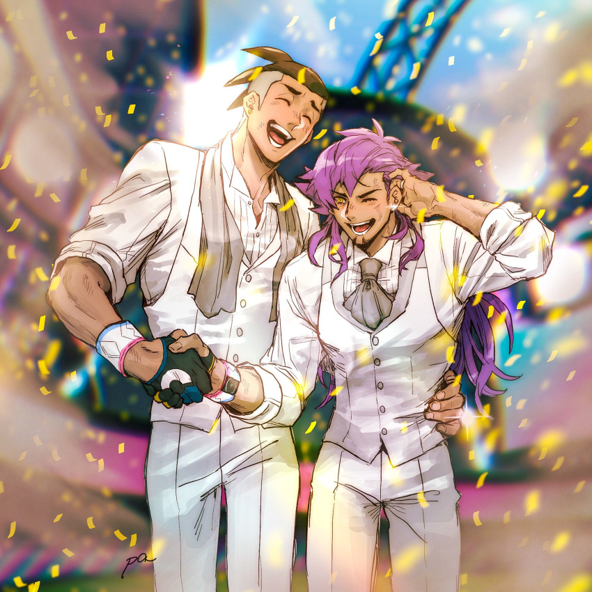 2boys, closed_eyes, commentary_request, confetti, dark_skin, dark_skinned_male, day, dynamax_band