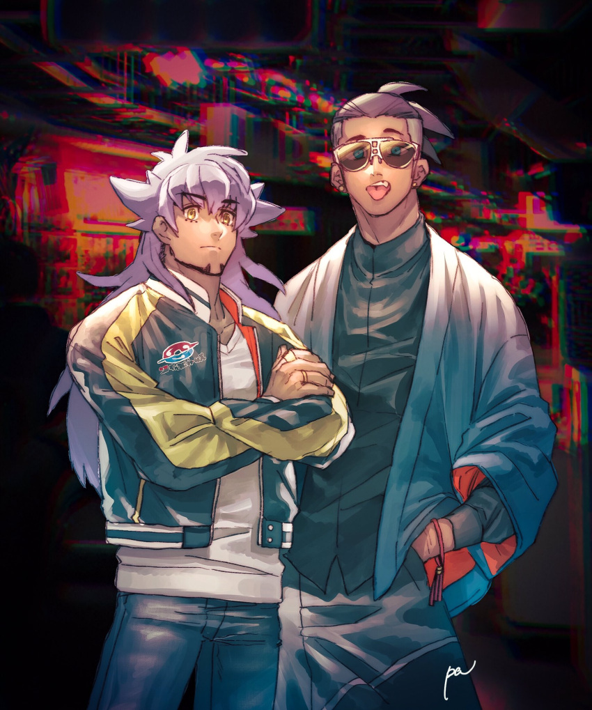 2boys, alternate_costume, aqua_eyes, bangs, black_hair, closed_mouth, cowboy_shot, crossed_arms