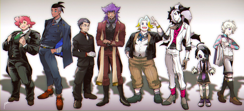 6+boys, ahoge, allister_(pokemon), alternate_costume, bangs, bede_(pokemon), belt, belt_buckle