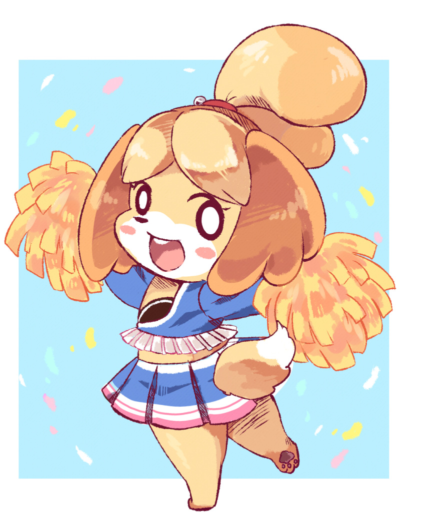 1girl, :d, animal_ears, animal_nose, blonde_hair, blush_stickers, cheerleader, commentary_request
