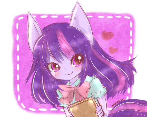 animal_ears, artist_name, blouse, blue_blouse, blush, book, bow, commentary, eyebrows_visible_through_hair, eyelashes, heart, holding, holding_book, horse_ears, horse_tail, long_hair, my_little_pony, neko_baby, personification, purple_hair, red_bow, simple_background, smile, tail, twilight_sparkle, upper_body, violet_eyes
