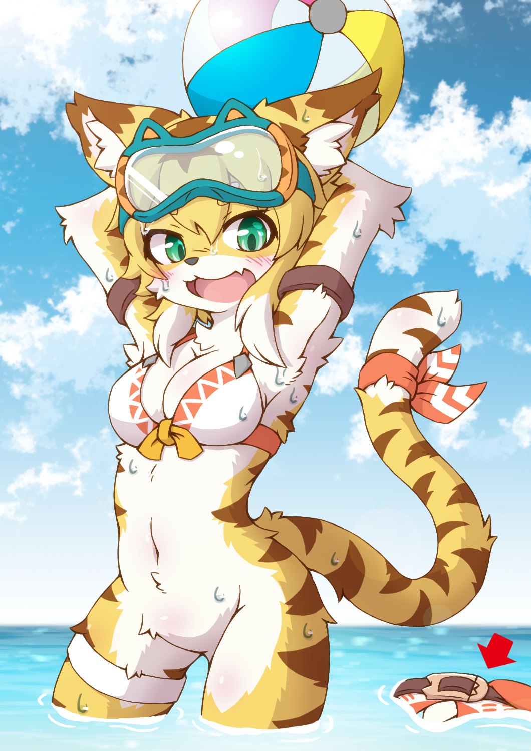 1girl, acky, animal_ear_fluff, animal_ears, animal_nose, armpits, arms_behind_head, ball