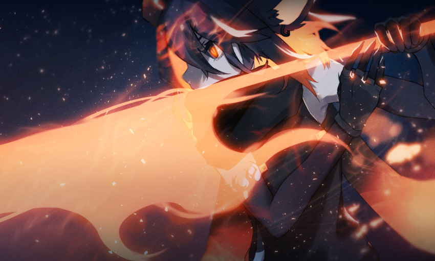 1girl, animal_ears, black_scarf, earrings, energy_sword, evie_(migihidari_(puwako)), fingerless_gloves, fingernails, from_side, gloves, glowing, glowing_eyes, gradient_scarf, grey_skin, holding, holding_sword, holding_weapon, horns, jewelry, migihidari_(puwako), orange_eyes, original, profile, scarf, sharp_fingernails, slit_pupils, solo, sword, upper_body, weapon