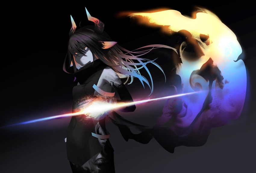 1girl, ahoge, animal_ears, breasts, brown_hair, cape, closed_mouth, cowboy_shot, evie_(migihidari_(puwako)), fang, floating_cape, floating_hair, glowing, grey_skin, highres, horns, long_hair, looking_at_viewer, medium_breasts, migihidari_(puwako), multicolored, multicolored_eyes, multicolored_hair, original, pointy_ears, skin_fang, solo, streaked_hair, wavy_mouth