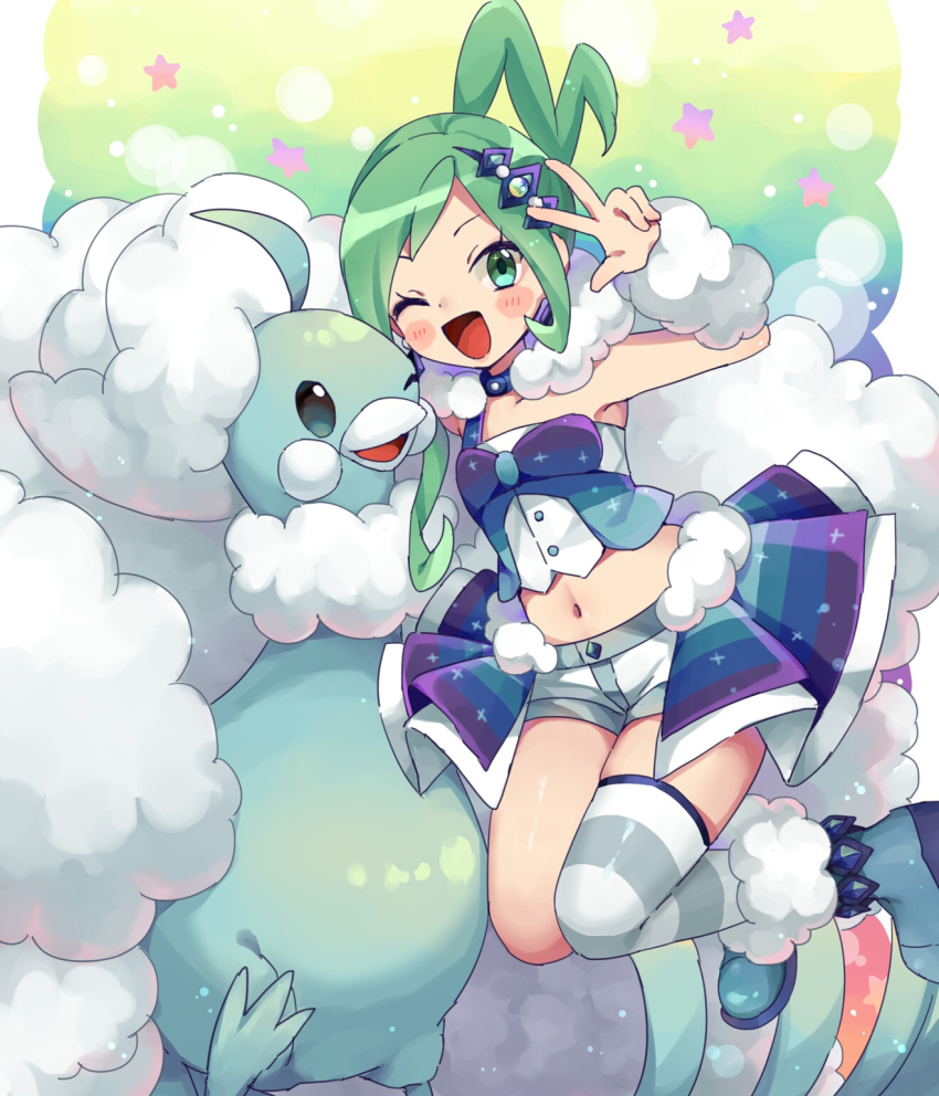 1girl, ;d, altaria, aqua_hair, arm_up, armpits, asymmetrical_hair, bangs