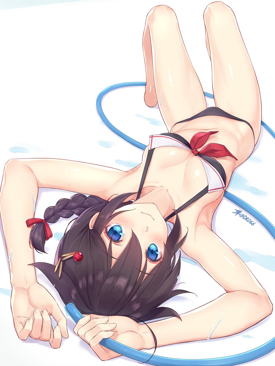 ahoge, bikini, black_bikini, black_hair, blue_eyes, braid, dan_(kumadan), front-tie_top