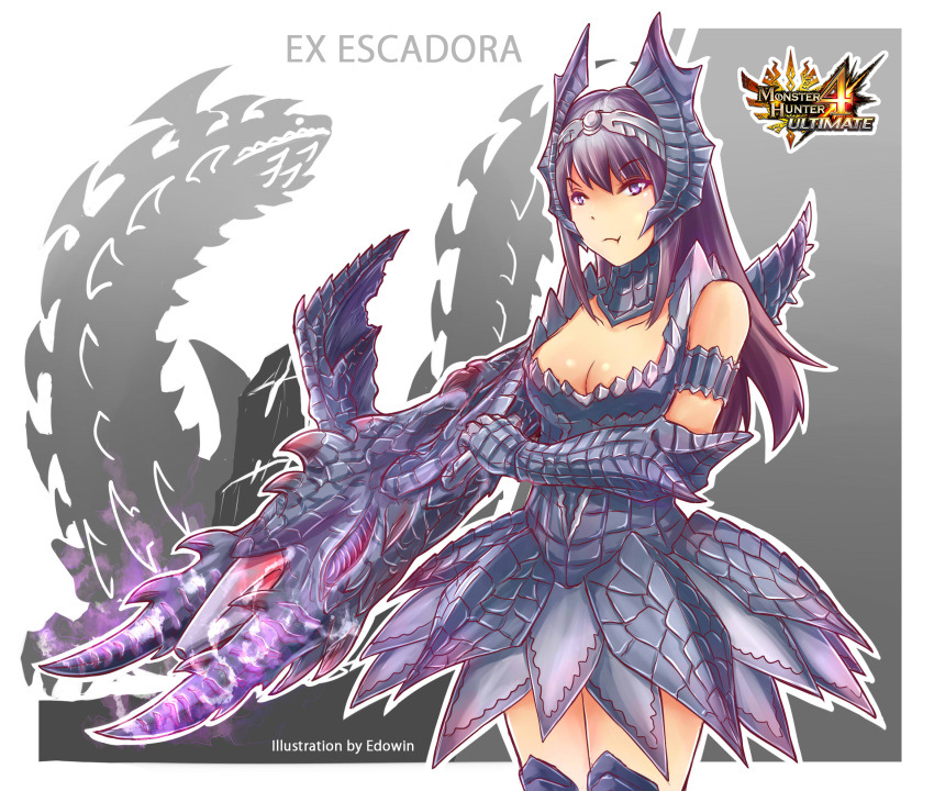 1girl, alatreon_(armor), armor, armored_boots, armored_dress, bare_shoulders, boots, bowgun
