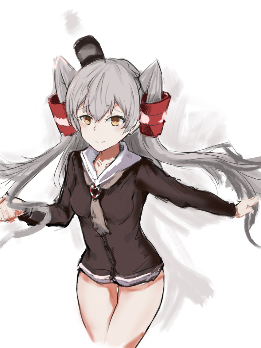 1girl, absurdres, amatsukaze_(kantai_collection), bare_legs, breasts, brown_eyes, closed_mouth, eyebrows_visible_through_hair