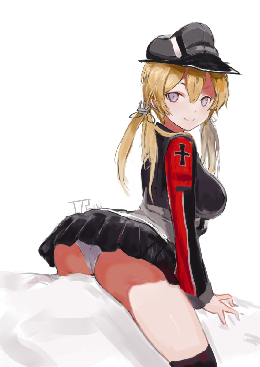1girl, absurdres, artist_name, ass, bangs, black_skirt, blonde_hair, breasts