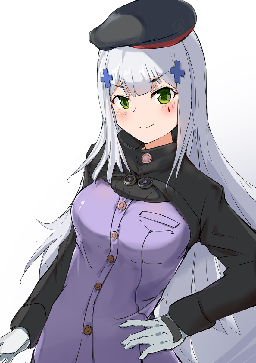 1girl, beret, blush, breasts, closed_mouth, eyebrows_visible_through_hair, girls_frontline, gloves