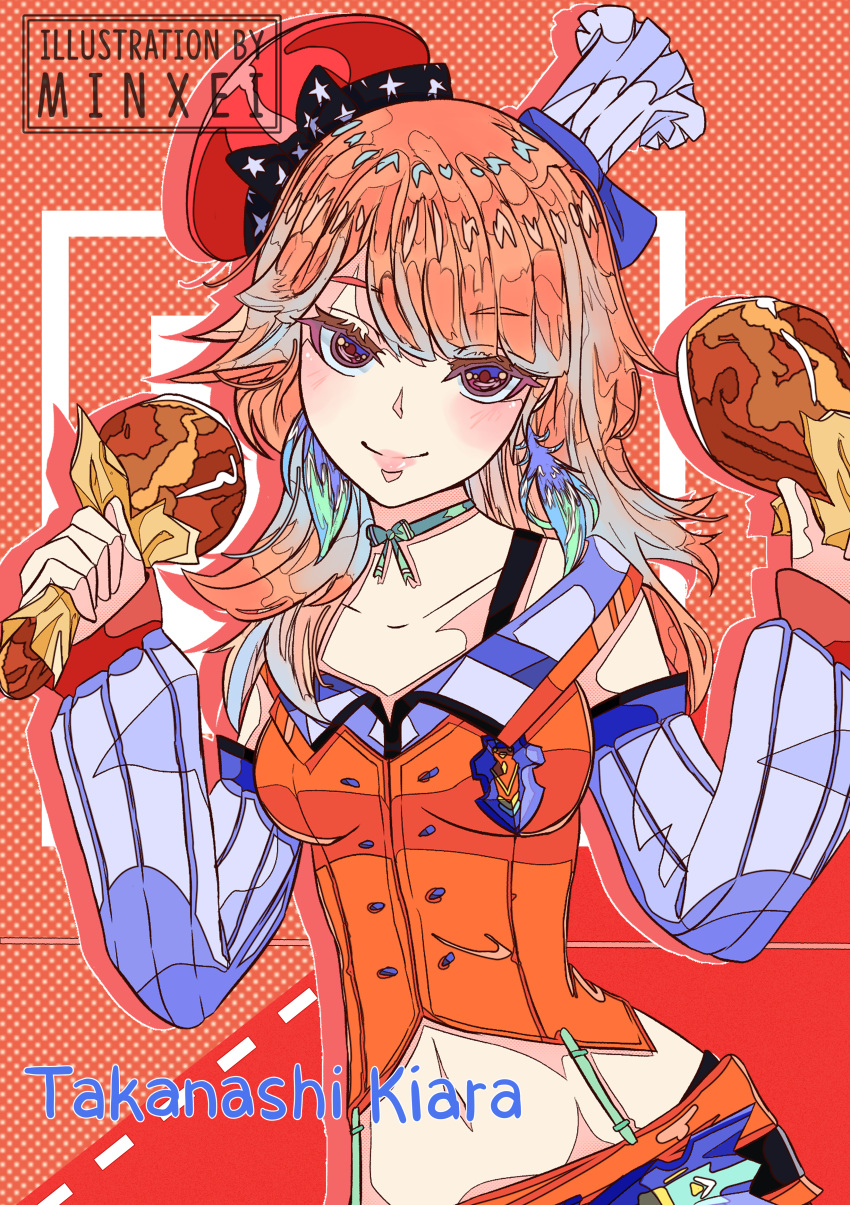 1girl, absurdres, artist_name, brown_eyes, character_name, chicken_leg, food, highres
