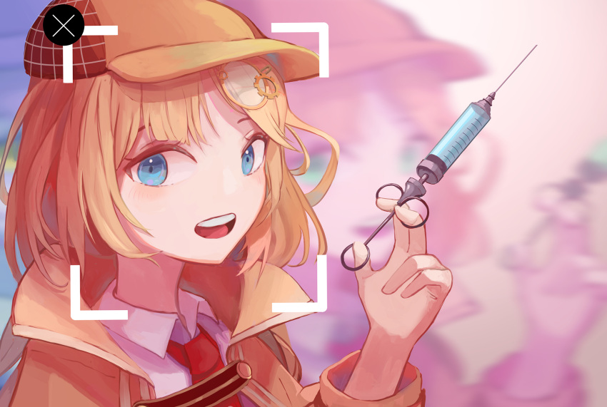 1girl, blonde_hair, blue_eyes, clip_studio_paint_(medium), close-up, english_commentary, facial_recognition, hat