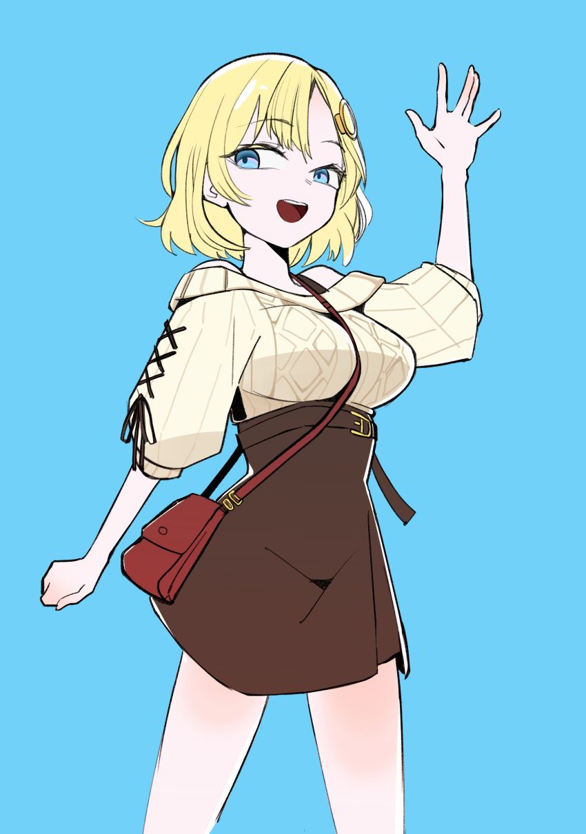 1girl, absurdres, bag, black_skirt, blonde_hair, blue_background, blue_eyes, breasts, clenched_hand, cosplay, hair_ornament, handbag, highres, hololive, hololive_english, juicycloney, large_breasts, looking_back, monocle_hair_ornament, open_hand, open_mouth, shirogane_noel, shirogane_noel_(cosplay), skirt, solo, sweater, virtual_youtuber, watson_amelia, waving