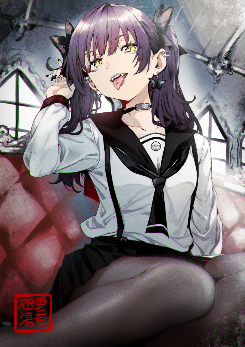 1girl, absurdres, bangs, black_choker, black_legwear, black_nails, black_sailor_collar, black_skirt