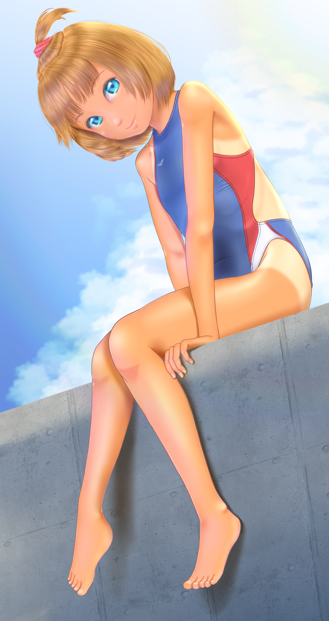 1girl, barefoot, blue_eyes, blue_sky, blue_swimsuit, clouds, competition_swimsuit, day