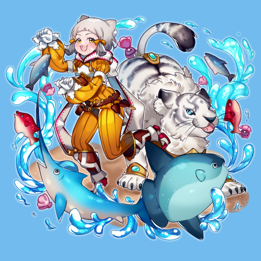 animal_ears, cat, cat_ears, cat_girl, dromarch_(xenoblade), fish, gloves, highres