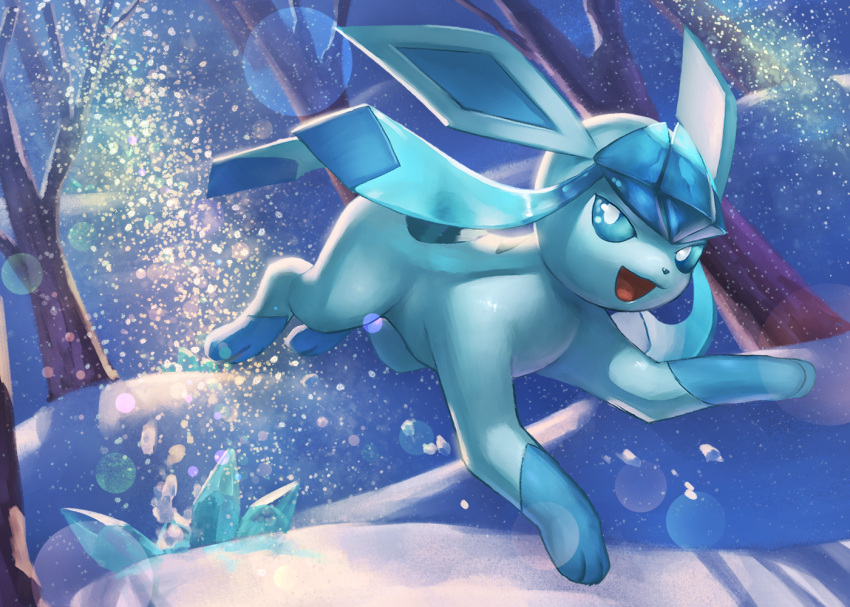 bare_tree, blue_eyes, commentary_request, crystal, day, gen_4_pokemon, glaceon, jumping, lens_flare, looking_at_viewer, no_humans, open_mouth, outdoors, paws, pokemon, pokemon_(creature), shadow, snow, snowing, solo, supearibu, tongue, tree