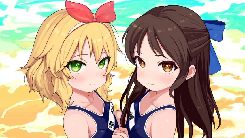 2girls, bangs, bare_shoulders, blonde_hair, blue_bow, blue_swimsuit, blush, bow