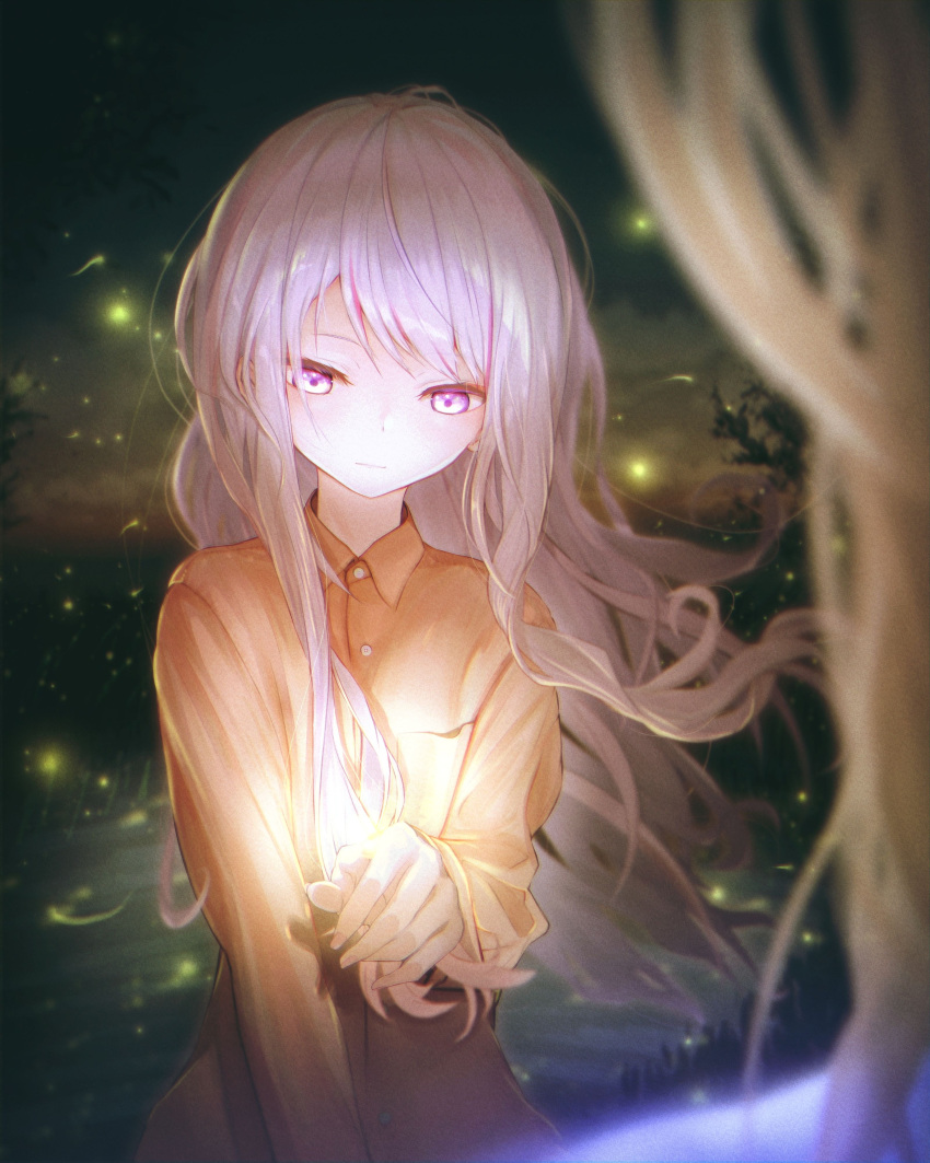 2girls, absurdres, arm_at_side, bangs, blurry, bug, closed_mouth, collared_shirt