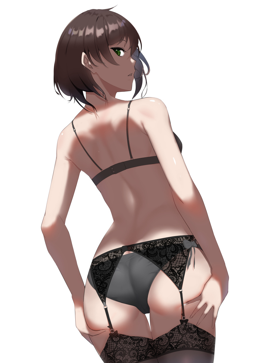 1girl, absurdres, ass, bra, brown_hair, cowboy_shot, from_behind, garter_belt