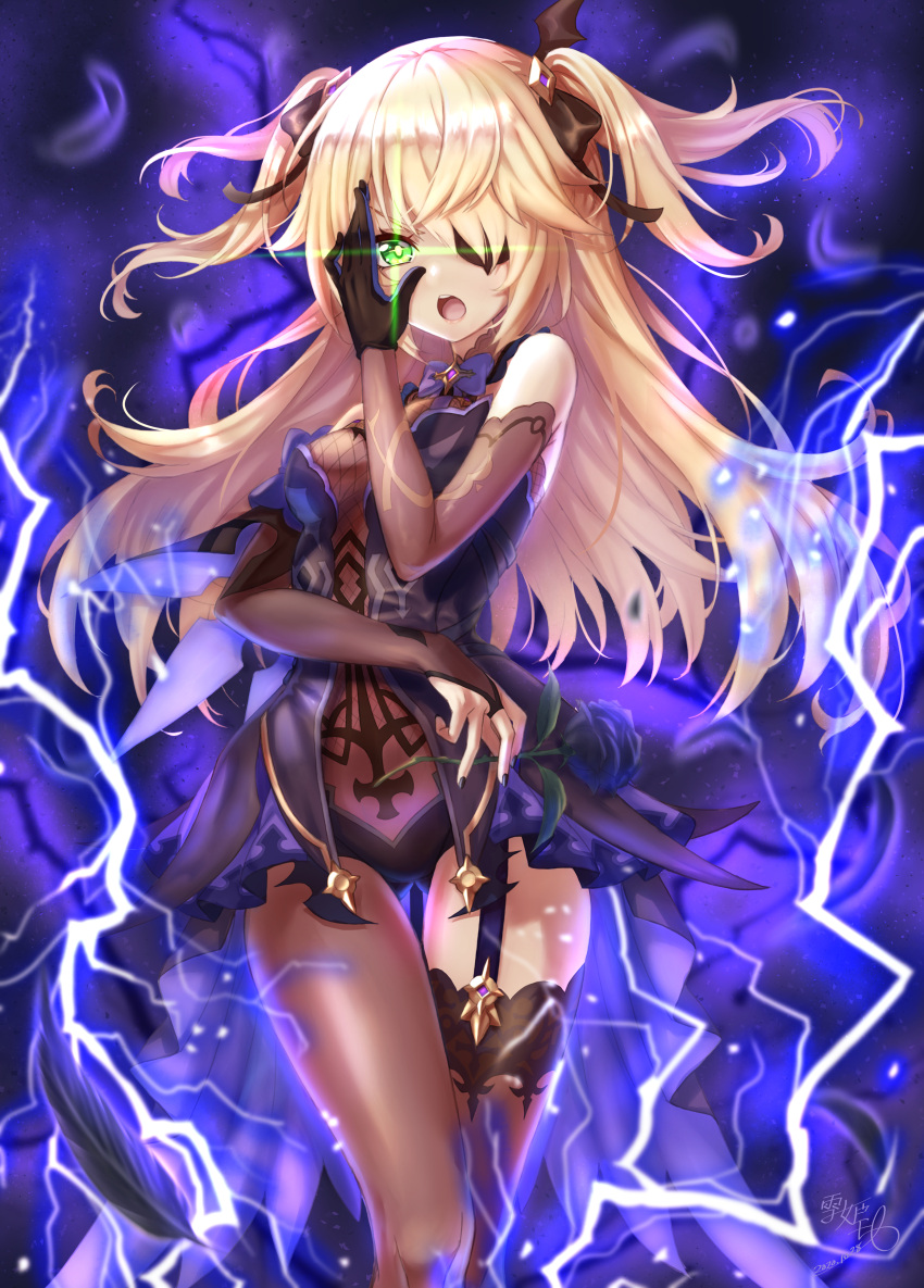 1girl, 2020, absurdres, asymmetrical_gloves, asymmetrical_legwear, black_bow, black_gloves, black_nails, black_panties, blonde_hair, blue_background, bow, brown_legwear, brown_leotard, brown_sleeves, calzooone, detached_sleeves, eyepatch, fischl_(genshin_impact), floating_hair, genshin_impact, gloves, green_eyes, hair_bow, hair_over_one_eye, highres, leotard, long_hair, long_sleeves, looking_at_viewer, nail_polish, open_mouth, panties, pantyhose, shiny, shiny_hair, signature, single_glove, single_leg_pantyhose, single_thighhigh, solo, standing, thigh-highs, twintails, underwear, very_long_hair