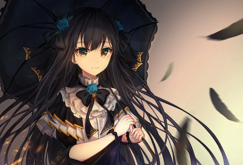 1girl, absurdres, arcaea, bangs, black_neckwear, black_umbrella, blue_flower, blue_rose