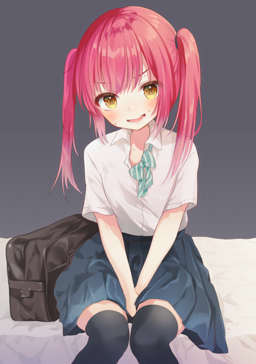 1girl, bag, bed, between_legs, black_legwear, blue_skirt, brown_eyes, hand_between_legs