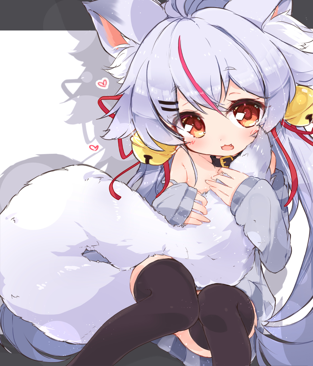 1girl, :3, animal_ear_fluff, animal_ears, bell, black_legwear, collar, fang