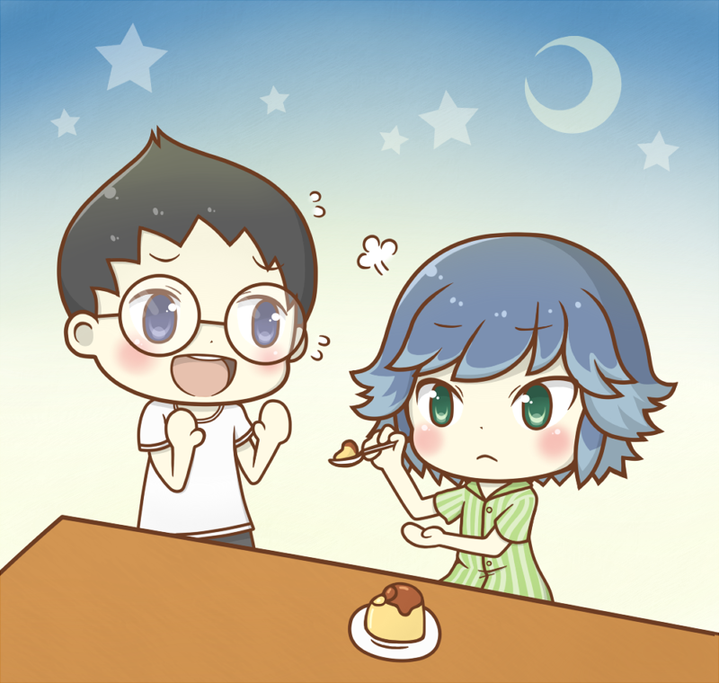 1girl, black_hair, blue_hair, crescent, food, glasses, himekawa_fubuki, karin_usami
