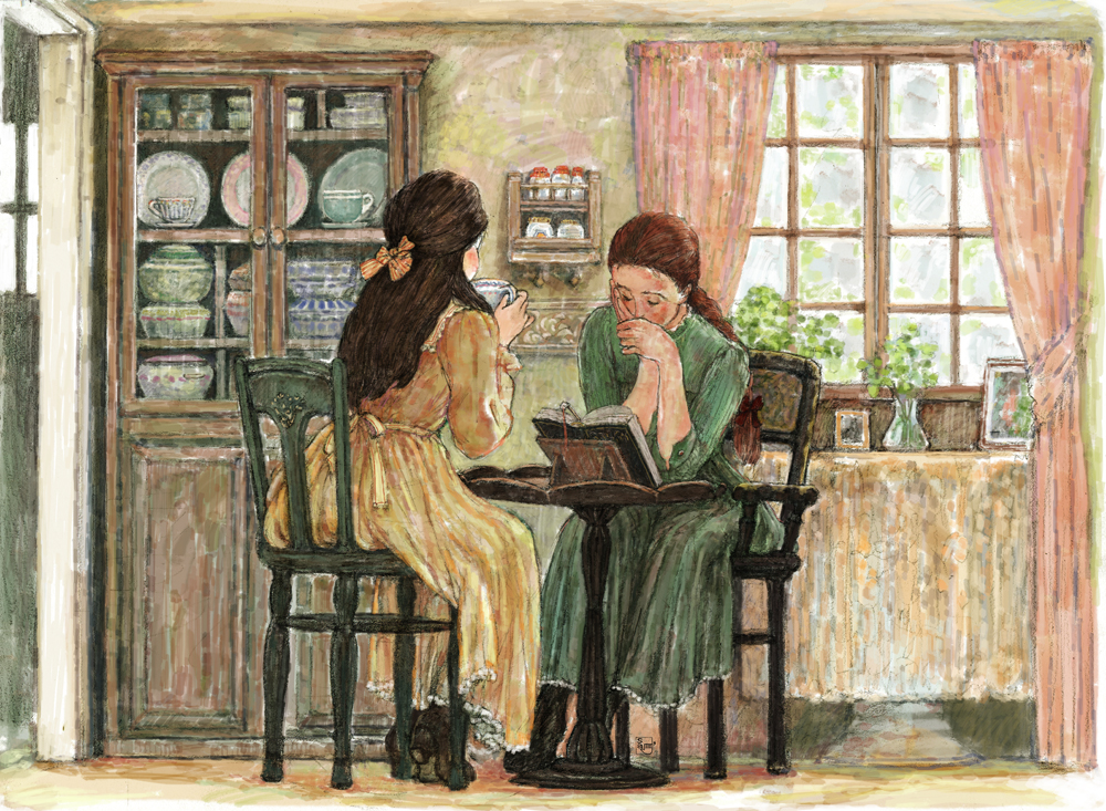 2girls, anne_of_green_gables, anne_shirley, black_footwear, black_hair, blue_eyes, book, bow