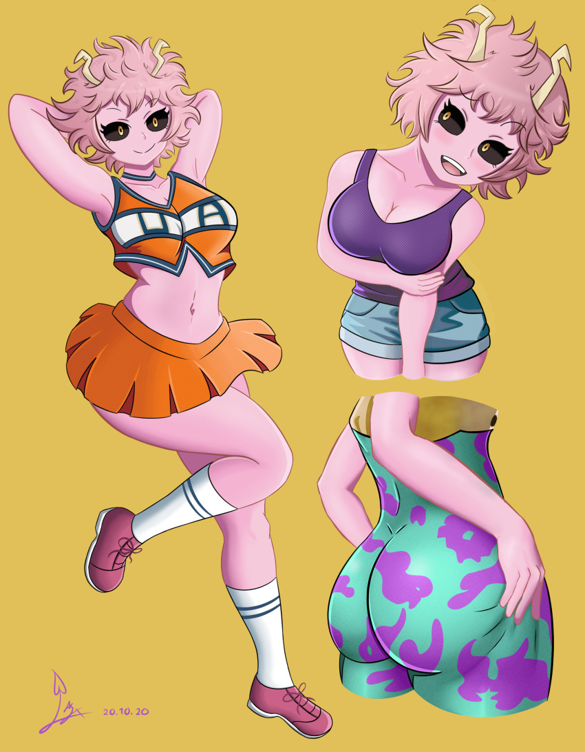 absurdres, ashido_mina, ass, bare_arms, bare_shoulders, boku_no_hero_academia, breasts, casual, cheerleader, choker, collarbone, hair_between_eyes, highres, horns, laceysx, leggings, medium_breasts, messy_hair, miniskirt, open_mouth, pink_hair, pink_skin, purple_shirt, school_uniform, shirt, shoes, short_hair, shorts, skirt, smile, sneakers, stomach, thick_thighs, thighs, yellow_eyes