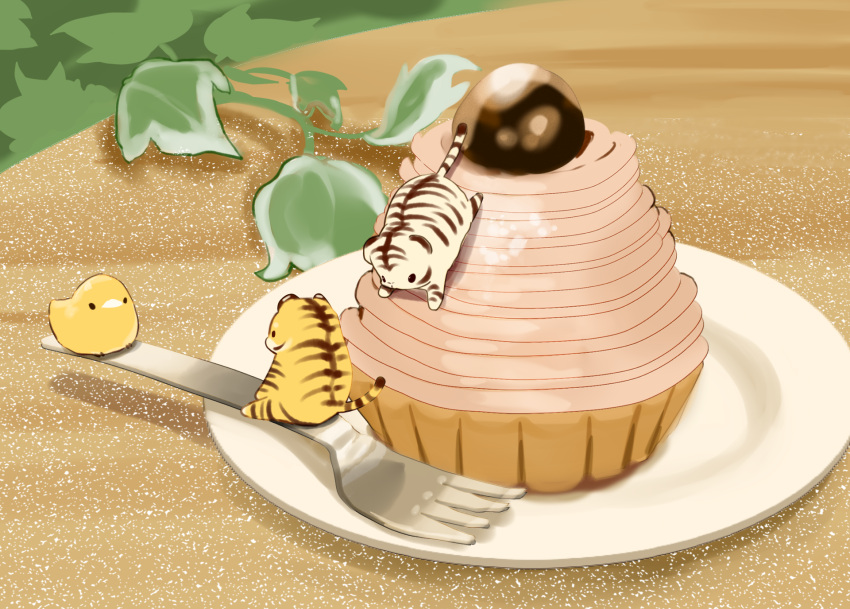 bird, chai, commentary, dessert, food, fork, highres, leaf